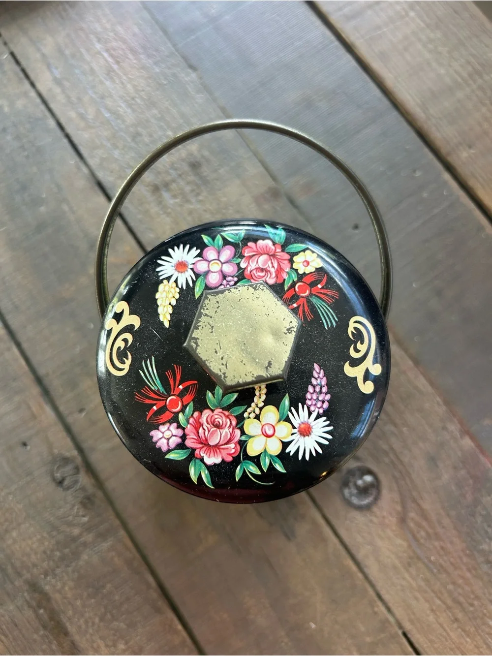 Black Floral Metal Storage Tin with Handle - Decorative Food Canister